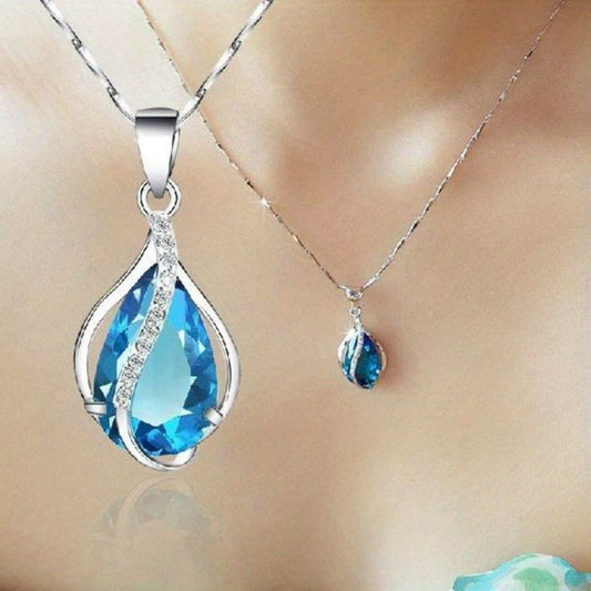 925 Silver Plated Teardrop Cut Aquamarine Gemstone Pendant Necklace